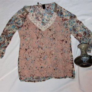 BKE small womens tan blue lace shirt top blouse